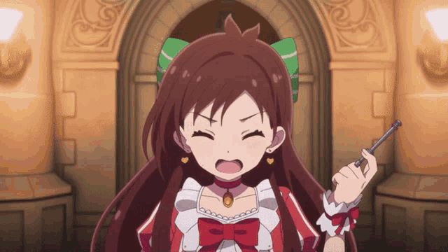 a girl in a red and white dress is holding a key in her hand