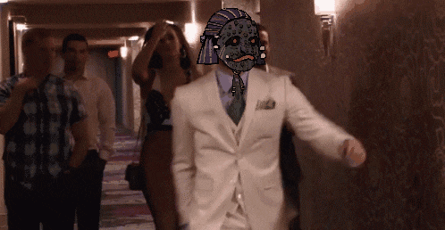 a man in a white suit has a cartoon face on his face