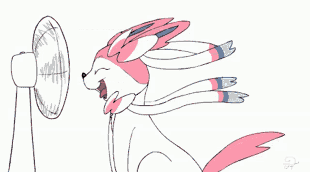 a cartoon drawing of a pink and white rabbit yawning in front of a fan