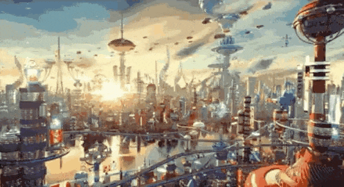 a futuristic city with a lot of buildings and a lot of planes flying in the sky .