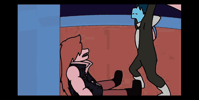 a cartoon of a man standing next to a woman laying on the floor