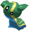 a 3d rendering of a green and blue cartoon character with a yellow stripe on its back .