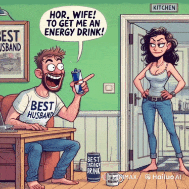 a cartoon of a man wearing a shirt that says best husband holding a red bull