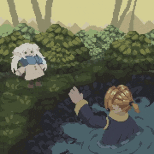 a pixel art drawing of a person in the water talking to another person