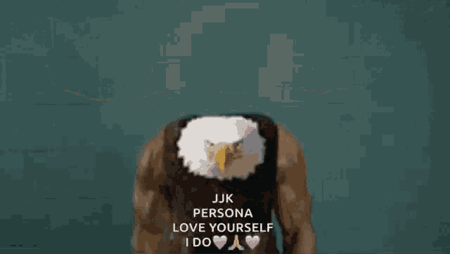 a man with a bald eagle head is lifting dumbbells and says jjk persona love yourself i do