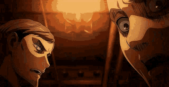 two anime characters are standing next to each other in a dark room and looking at each other .