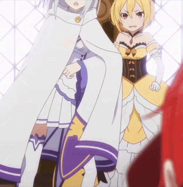 two anime girls are standing next to each other and one is wearing a purple and yellow dress