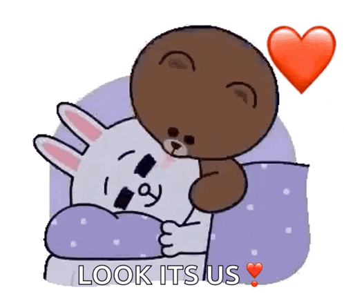 a cartoon of a bear and a rabbit hugging with the words `` look it 's us '' .