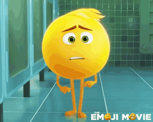 a cartoon character from the emoji movie standing in a bathroom stall