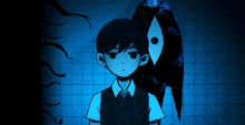 a boy and a girl are standing in a dark room with a blue background