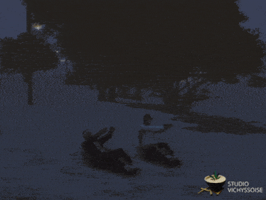 a video game screen shows two people sledding down a snowy hill