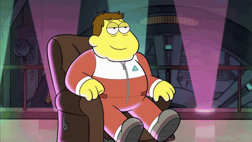 a cartoon character sitting in a chair with a triangle on his chest