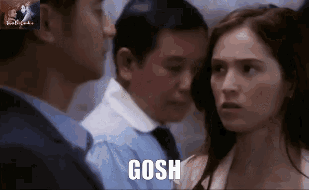 a man and a woman are standing next to each other with the word gosh on the bottom