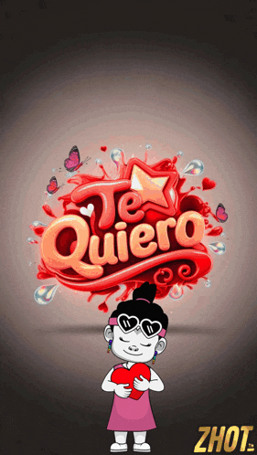 a girl is holding a heart in front of a te quiero logo