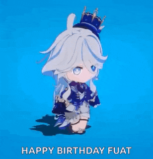 a cartoon character with a crown on her head is standing on a blue background and says `` happy birthday fuat '' .