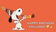 snoopy is wearing a party hat and blowing a party horn to wish emiliano a happy birthday .
