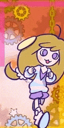 a cartoon girl with long blonde hair is standing in front of a pink background with gears .