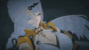 a girl with white hair and a ponytail with the letter m on it