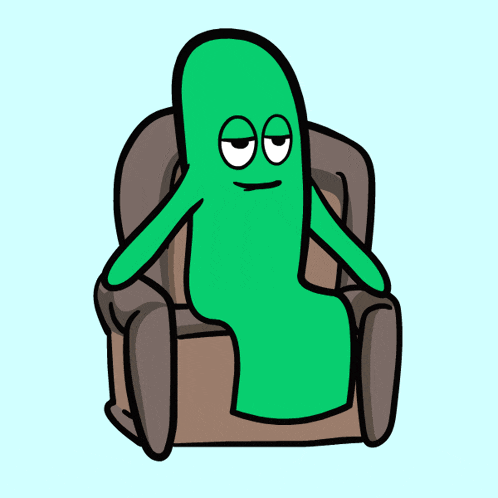 a green cartoon character is sitting in a chair with his eyes closed