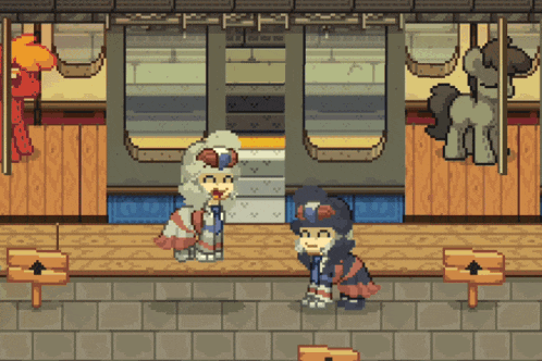a pixel art drawing of a man and a woman talking