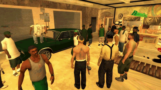a group of men are gathered in a room with a green sign that says ' b ' on it