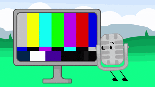 a cartoon drawing of a microphone standing next to a television screen