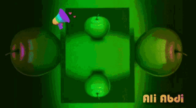three green apples are on a green background with the name ali abdi on the bottom