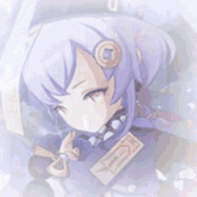 a close up of a purple haired anime girl making a peace sign with her finger .