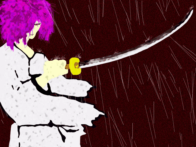 a drawing of a person with purple hair holding a large sword