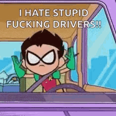 robin from teen titans go is driving a car and saying i hate stupid fucking drivers .