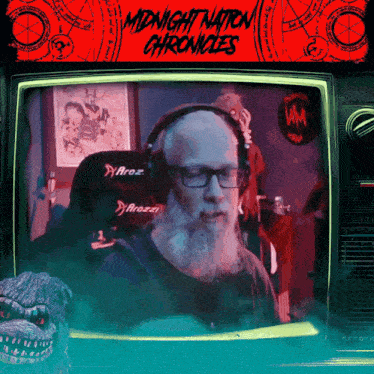 an advertisement for midnight nation chronicles shows a man with glasses and headphones