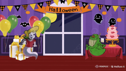 a cartoon illustration of a halloween party with balloons ghosts and gifts