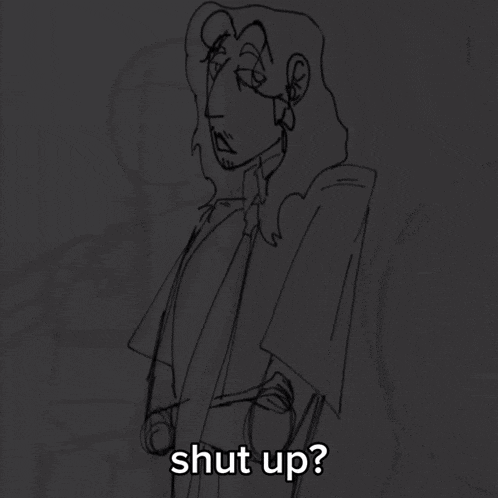 a drawing of a man holding a microphone with the words shut up written below him