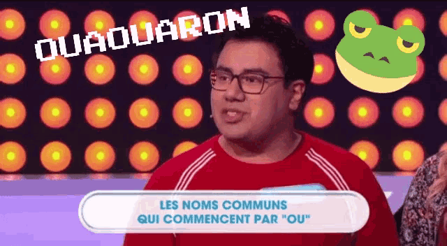 a man wearing glasses and a red shirt is on a television show called quaduaron