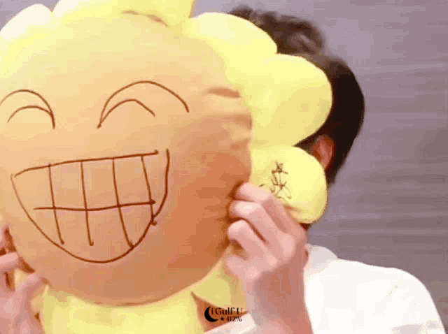 a man holding a stuffed sunflower with a smiley face on it