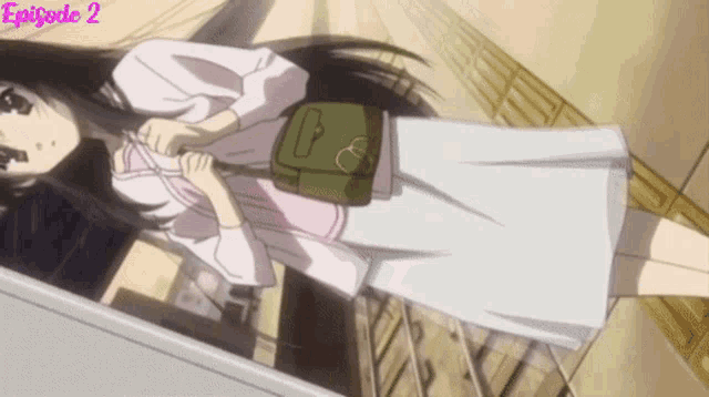 a girl in a white dress is holding a green purse and episode 2 is displayed above her