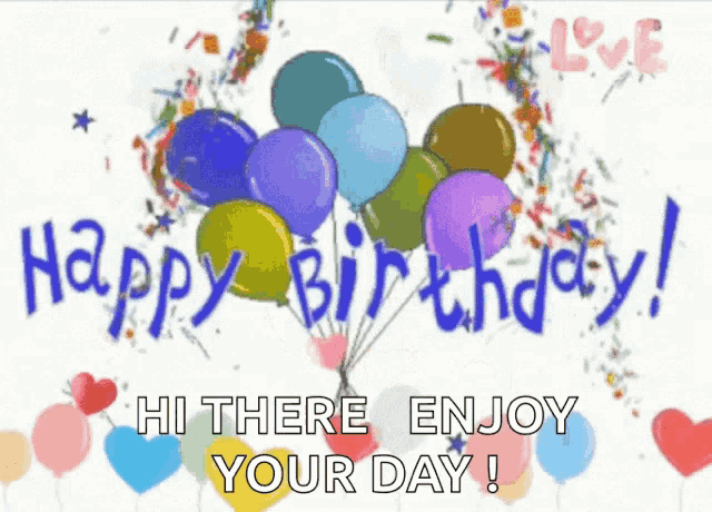 a birthday card with a bunch of balloons and the words `` hi there enjoy your day ''