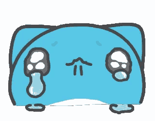 a cartoon drawing of a blue cat with tears running down its face .