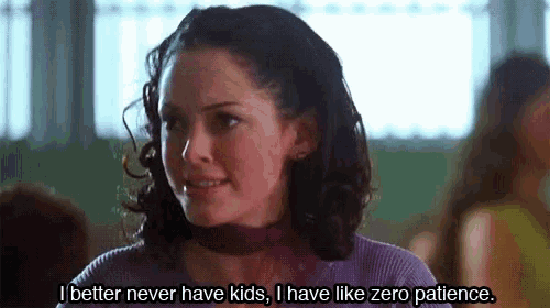 a woman in a purple sweater says i better never have kids i have like zero patience .