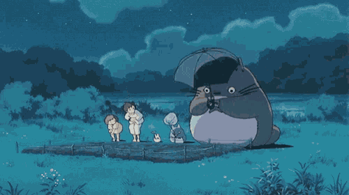 a cartoon of a totoro holding an umbrella with a group of children standing behind him