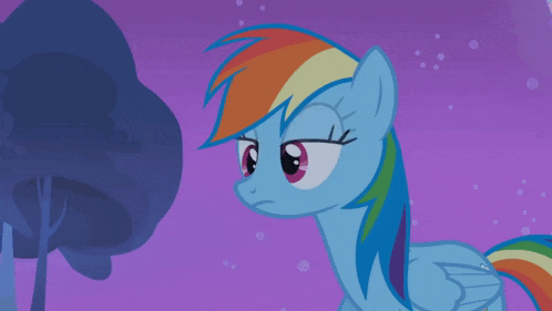 a cartoon pony with a rainbow mane and tail is standing in front of a tree