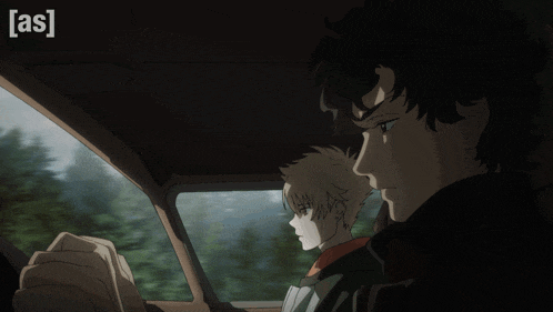 a couple of anime characters in a car with the letters as on the bottom right