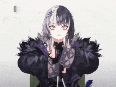 a girl with half black and half white hair is wearing a purple jacket
