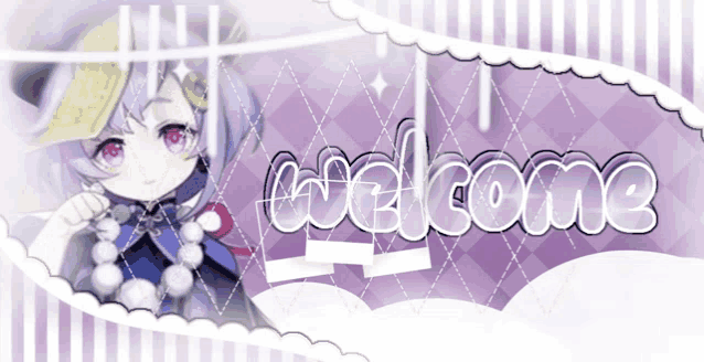 a purple background with a girl and the word welcome