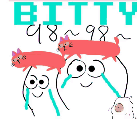 a cartoon drawing of three cats and a fried egg with the number 98 in the background