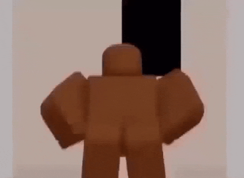 a brown roblox character is standing in front of a wall with a black square in the background .