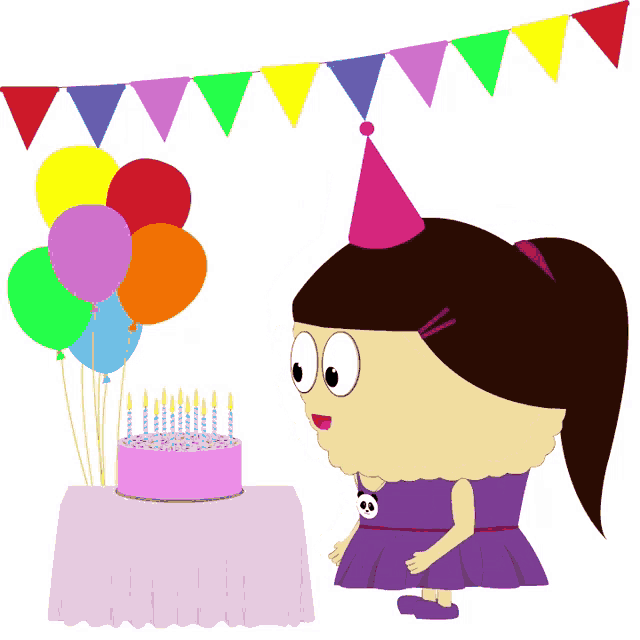a girl in a party hat stands in front of a birthday cake with candles