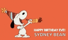 snoopy is wearing a party hat and blowing a party horn and wishing someone a happy birthday .