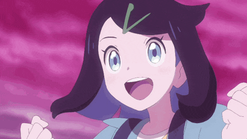 a girl with blue eyes and a green v on her head