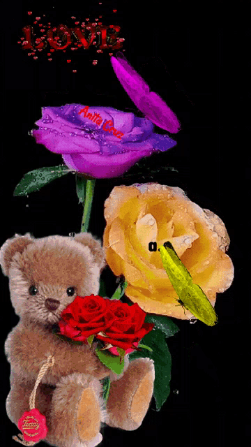 a teddy bear is holding a bouquet of red roses and a purple flower with the word love above it